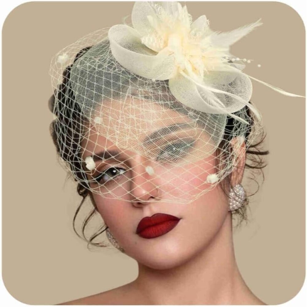 Women Fascinators Hat Feather Mesh Vintage Lace Tea Party Headband Clip